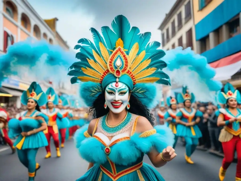 Vibrante Carnaval Uruguayo: Diversión y Color Desfile vibrante del Carnaval Uruguayo con bailarines y carrozas coloridas, reflejando la energía de esta festividad