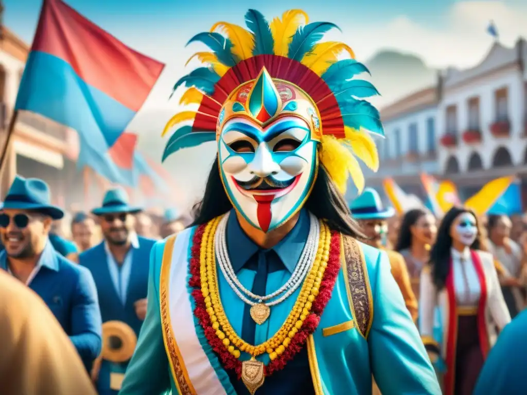 Desfile colorido: Carnaval uruguayo y marca en armonía Desfile vibrante en el Carnaval Uruguayo, con máscaras y trajes tradicionales, espectadores animados y banderas de marca