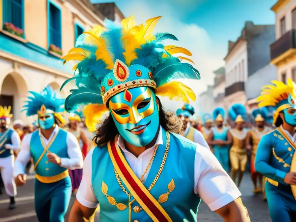 Deslumbrante Carnaval en Uruguay: colores, música y alegría Desfile vibrante del Carnaval Uruguayo: coloridos trajes, máscaras euforia al ritmo de la música alegre