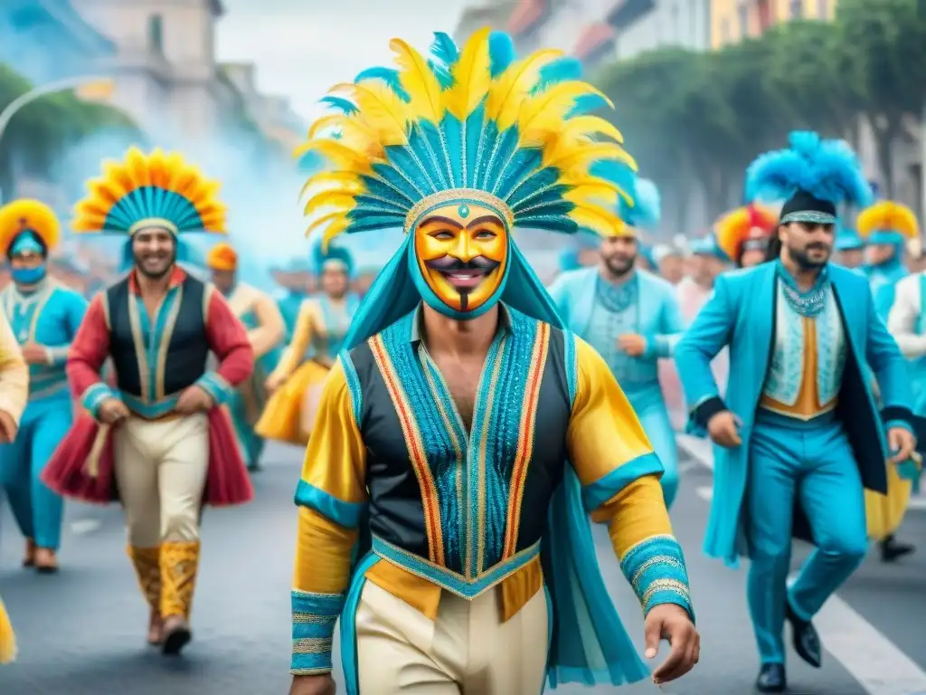 Carnaval en Uruguay: Colorida celebración con música y baile Desfile vibrante del Carnaval Uruguayo en LinkedIn, con coloridos trajes tradicionales, máscaras detalladas y música alegre