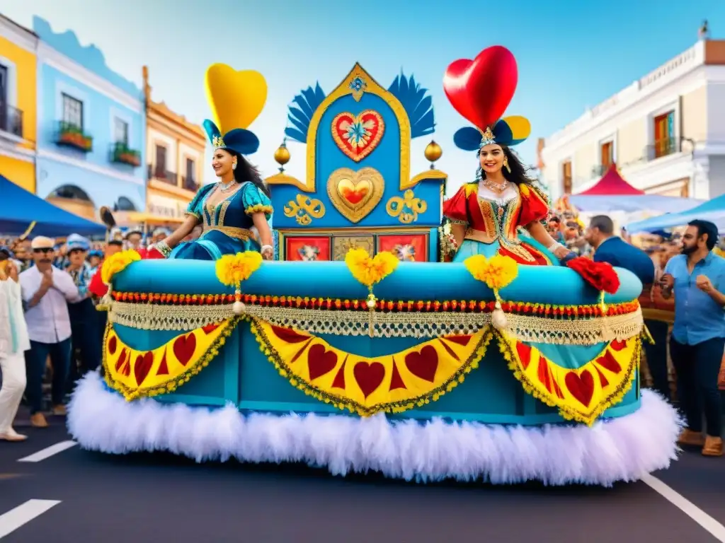 Carnaval Uruguayo: Desfile colorido y festivo Desfile vibrante del Carnaval Uruguayo: carroza colorida con diseños florales y símbolos tradicionales, espectadores entusiastas y música alegre