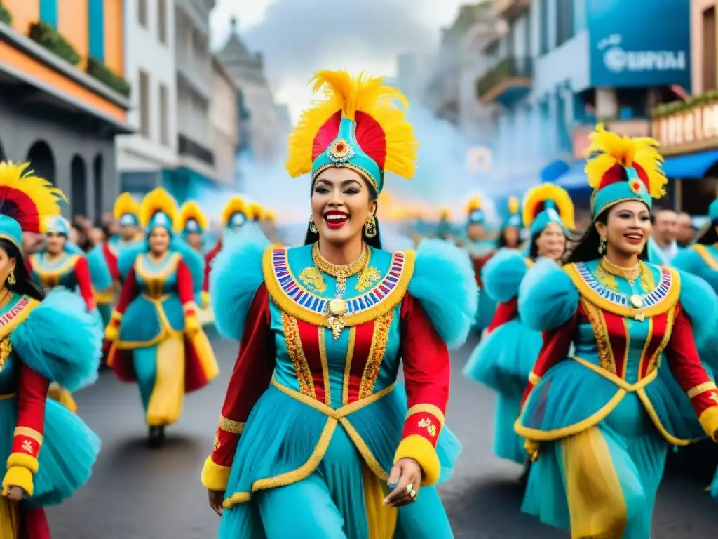 Desfile vibrante en el Carnaval Uruguayo: fusión de marcas y tradición Desfile vibrante en el Carnaval Uruguayo con integración de marcas en la celebración