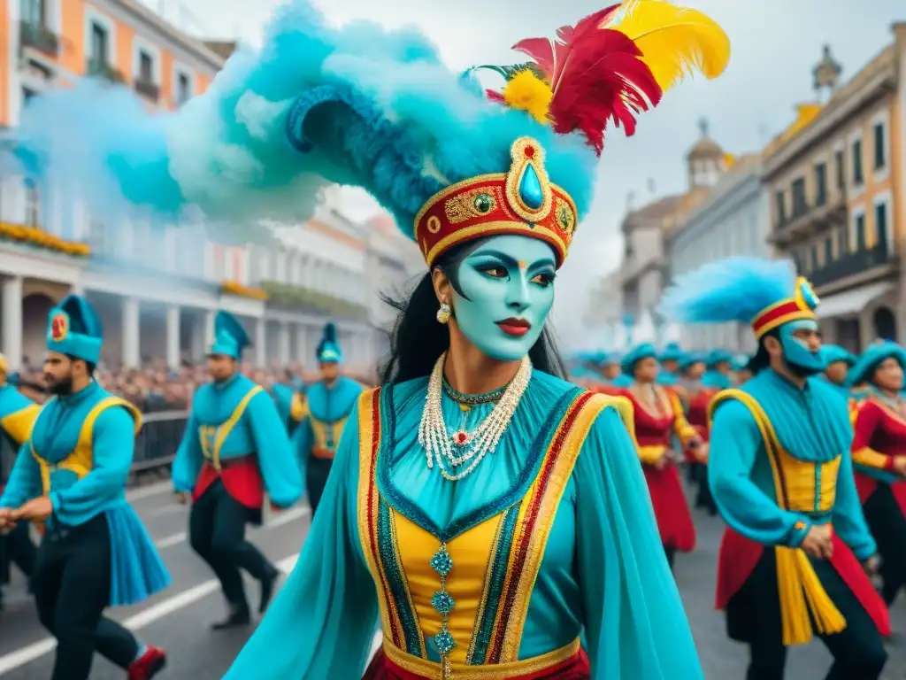 Desfile vibrante en el Carnaval Uruguayo Desfile vibrante en el Carnaval Uruguayo con coloridos carros alegóricos y bailarines en trajes tradicionales