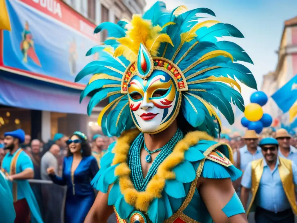 Deslumbrante desfile de Carnaval uruguayo Un desfile vibrante de Carnaval Uruguayo con máscaras y trajes tradicionales, espectadores animados y un branding exitoso en Carnaval Uruguayo