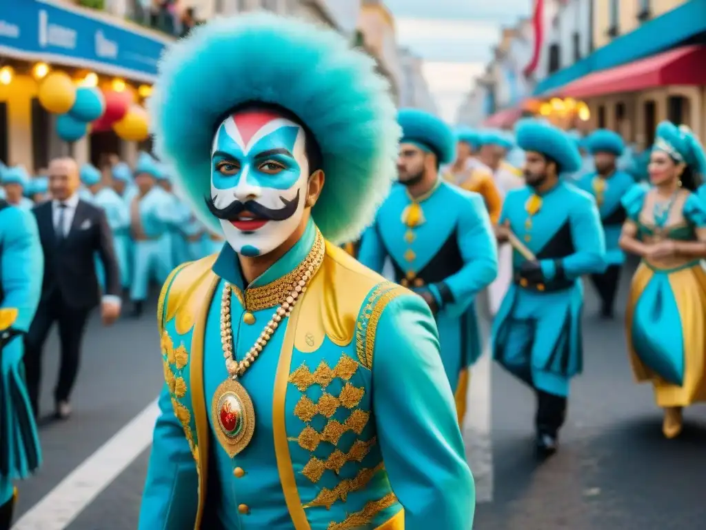 Desfile vibrante en Carnaval Uruguayo: carrozas coloridas, bailarines con trajes elaborados y espectadores aclamando en las calles