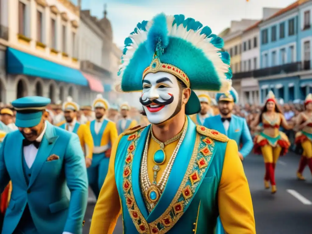 Desfile colorido y vibrante en Uruguay durante el Carnaval Desfile vibrante en el Carnaval Uruguayo con carrozas y trajes coloridos, música tradicional y espectadores felices