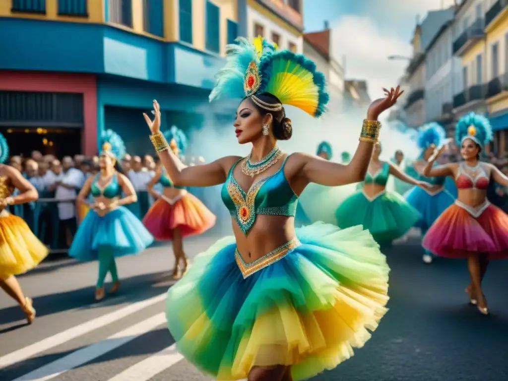 Deslumbrante desfile de Carnaval en Uruguay Desfile vibrante del Carnaval Uruguayo con disfraces coloridos y energía festiva