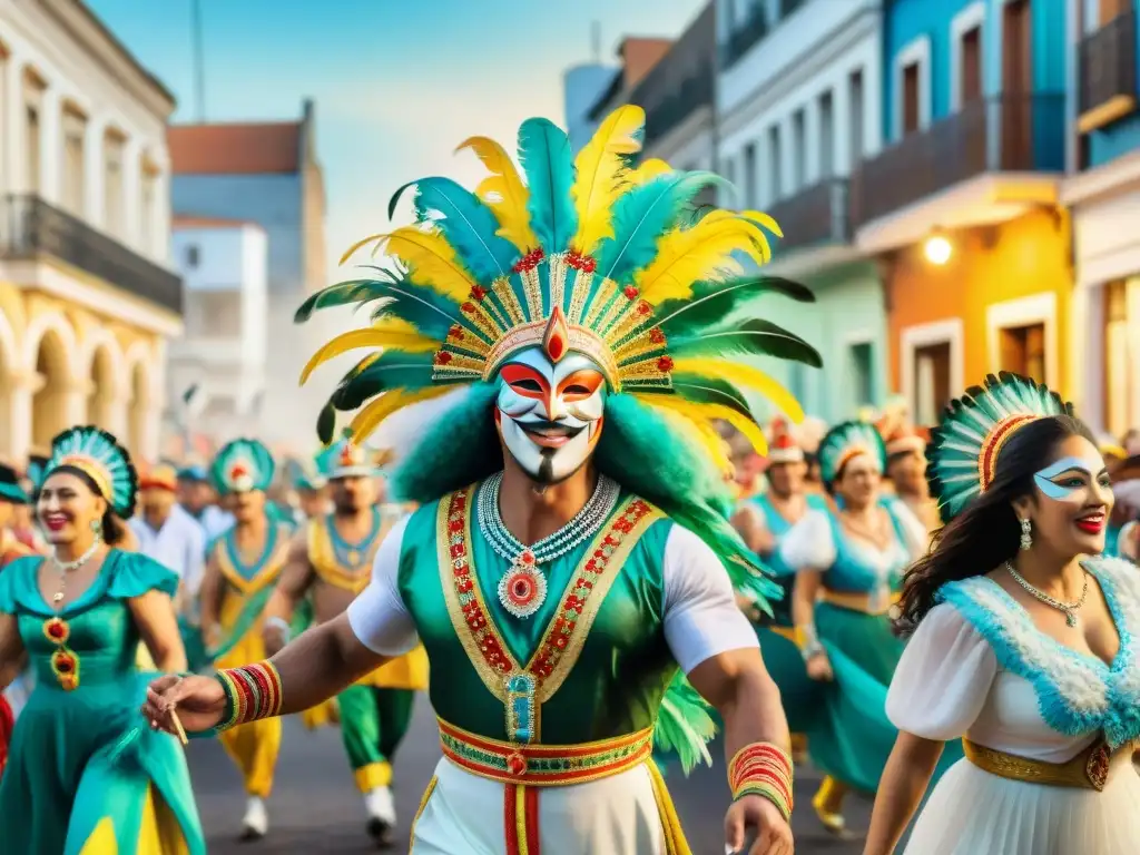 Deslumbrante desfile de Carnaval Uruguayo: color, música y alegría Desfile vibrante del Carnaval Uruguayo con coloridos trajes y música alegre, alegrando a espectadores