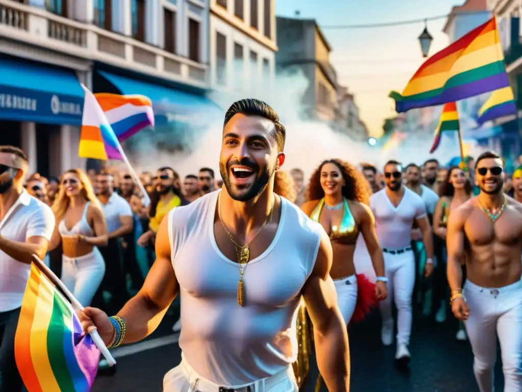 Deslumbrante desfile LGBT+ en Carnaval Uruguayo Desfile vibrante de comparsas LGBT+ en el Carnaval Uruguayo, con floats coloridos y disfraces brillantes, celebrando la diversidad y la alegría