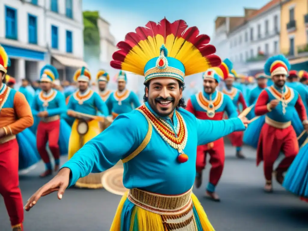 Desfile de Carnaval en Uruguay: tradición y sostenibilidad Desfile vibrante en Carnaval Uruguayo con trajes tradicionales, tambores y decoraciones sostenibles