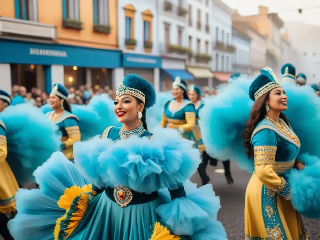 Desfile vibrante en el Carnaval Uruguayo: alegría y color Desfile vibrante en el Carnaval Uruguayo con carros alegóricos y bailarines coloridos, celebración cultural y espíritu comunitario