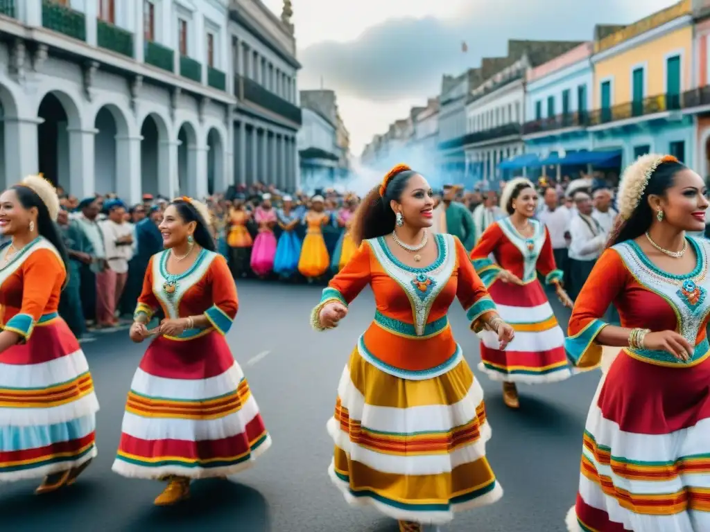 Vibrante Carnaval en Uruguay: Detalle de Desfile de Llamadas y Desfiles Desfile vibrante de Carnaval Uruguayo festividades principales, con bailarines y tambores en las calles históricas