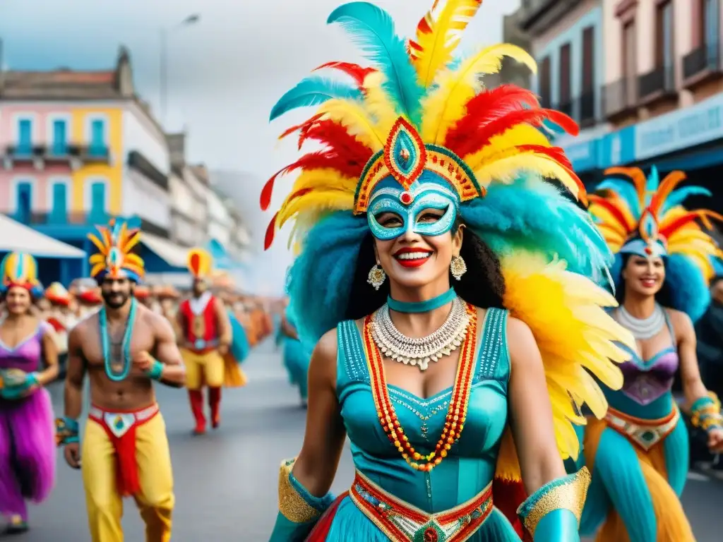 Deslumbrante Carnaval en Uruguay: ¡Fiesta de colores y alegría! Desfile vibrante del Carnaval Uruguayo con parodistas, revistas y mucho impacto cultural