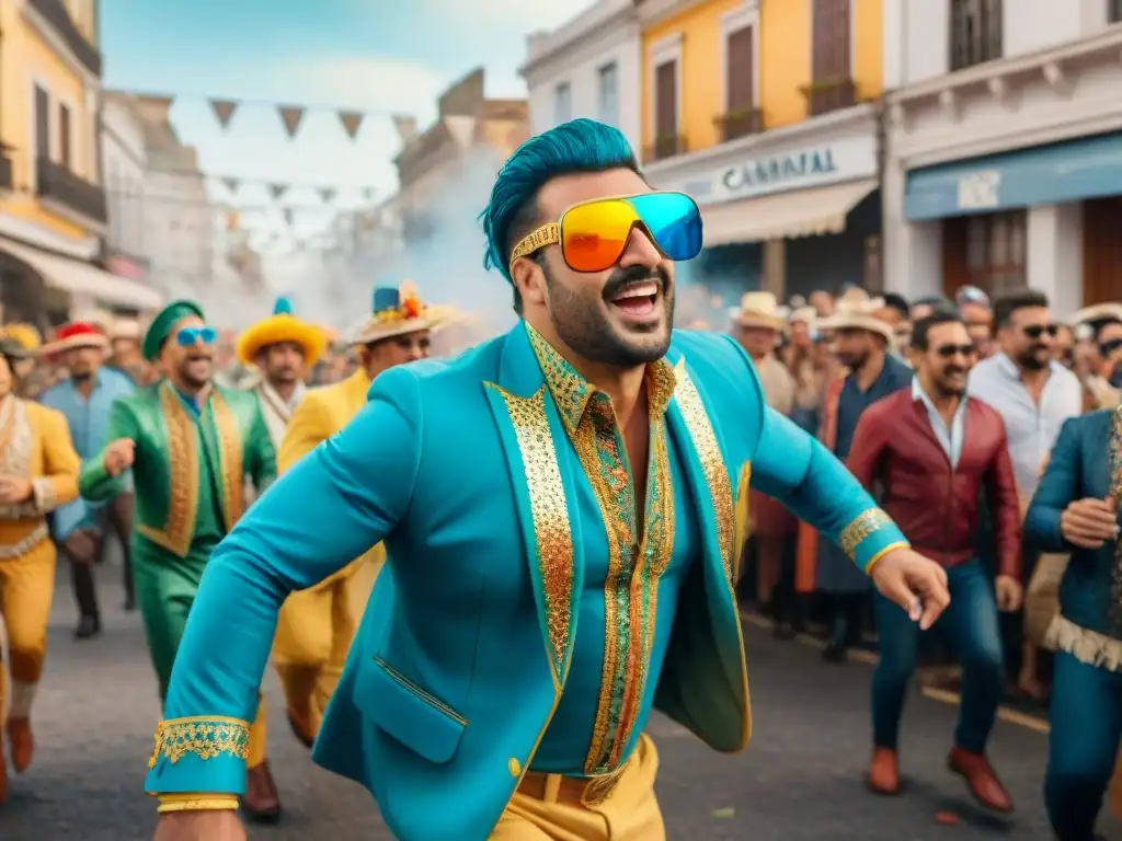 Deslumbrante desfile de Carnaval en Uruguay Desfile vibrante de Carnaval Uruguayo con parodistas y revistas, en medio de un espectáculo lleno de color y energía