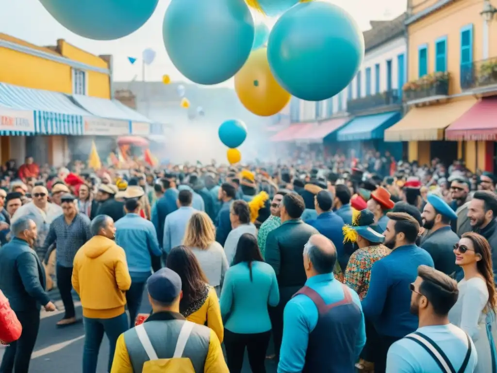 Desfile de Carnaval en Uruguay: ¡Alegría y Color! Desfile vibrante en Carnaval Uruguayo con parodistas coloridos y espectadores alegres