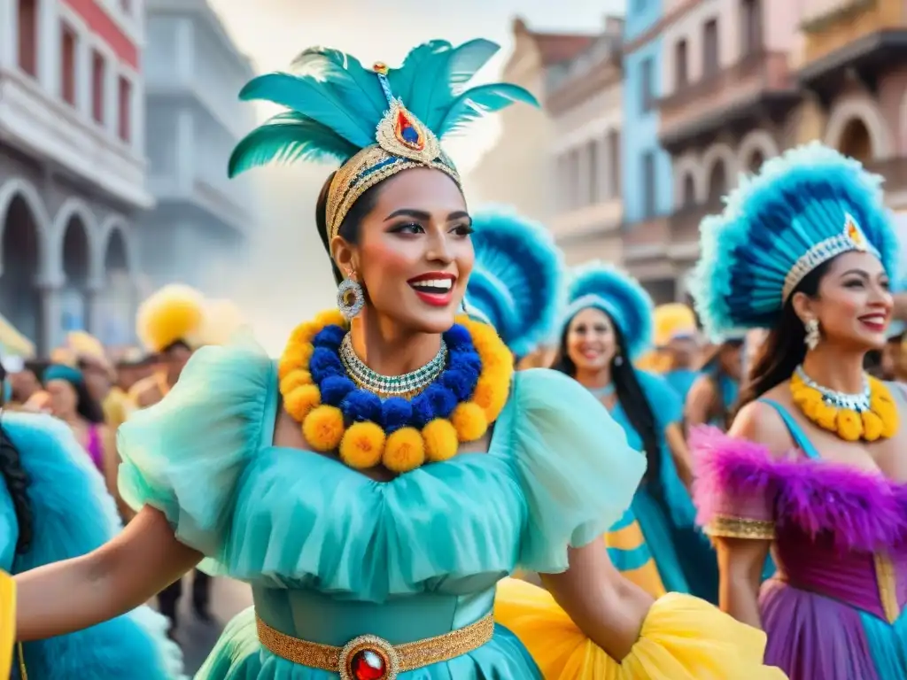 Desfile empoderado en el Carnaval Uruguayo Un desfile vibrante en el Carnaval uruguayo con mujeres en parodistas uruguayos celebrando la diversidad y la alegría