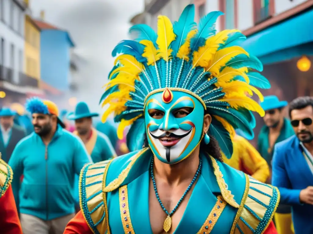 Pintura acuarela detallada del Carnaval Uruguayo Desfile vibrante del Carnaval Uruguayo, con coloridos trajes y máscaras