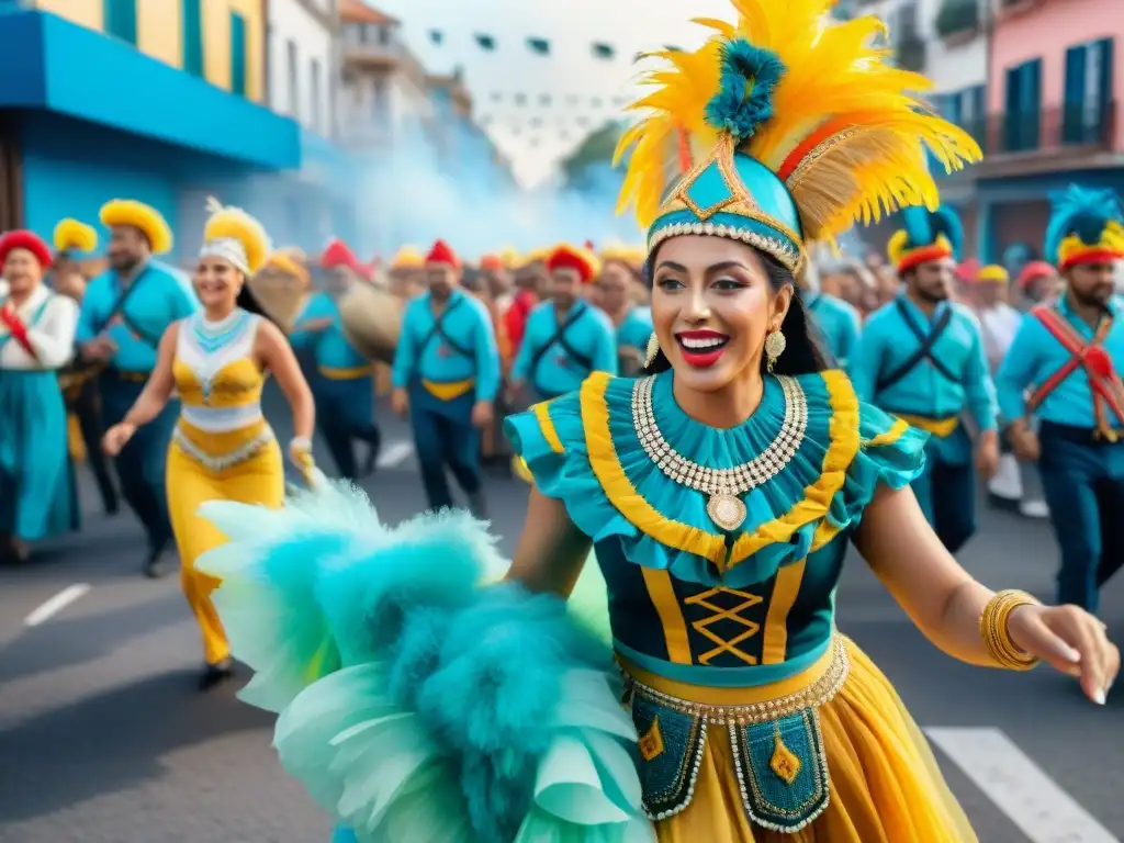 Desfile colorido y alegre del Carnaval Uruguayo en acuarela Desfile vibrante en el Carnaval Uruguayo con emprendimiento sostenible