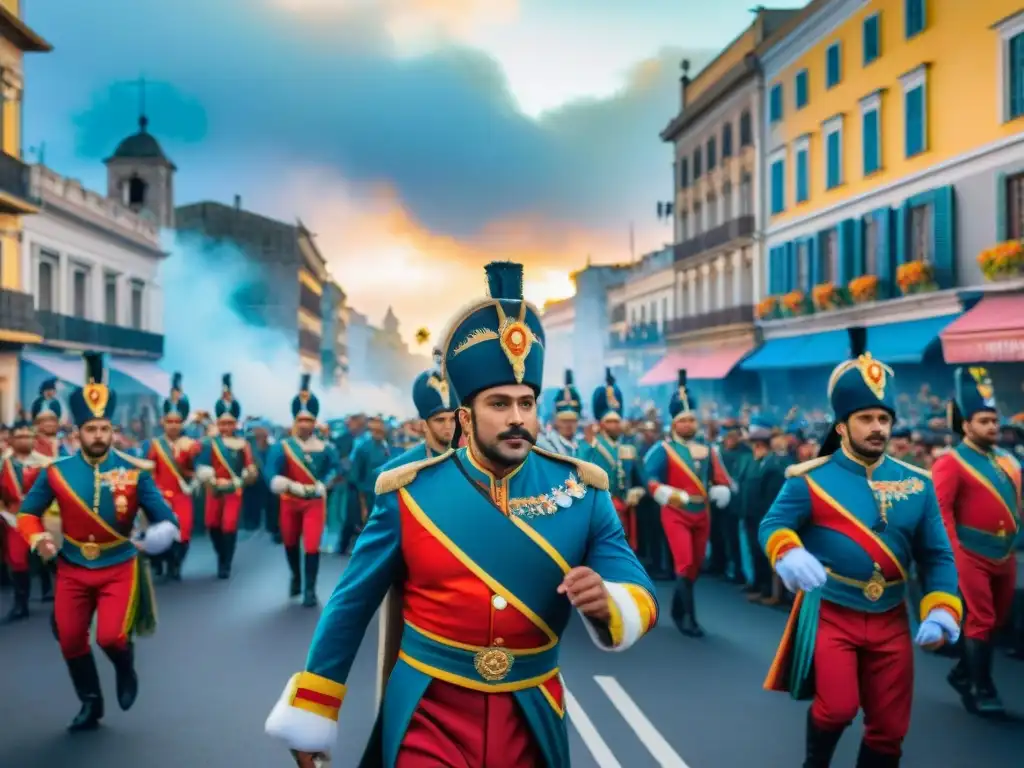 Desfile vibrante del Carnaval Uruguayo con carrozas y danzarines, preservación archivos Carnaval Uruguay