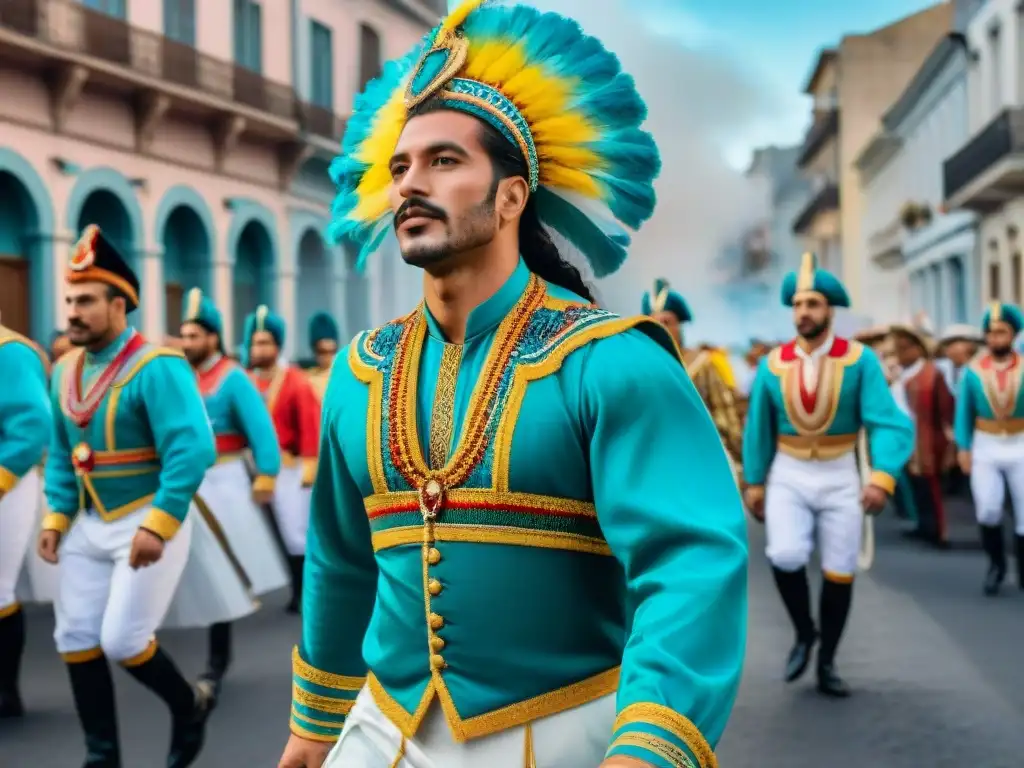 Desfile colorido en el Carnaval de Uruguay: diversidad y energía cultural Desfile vibrante en Carnaval Uruguayo: diversidad de trajes preservando identidad cultural