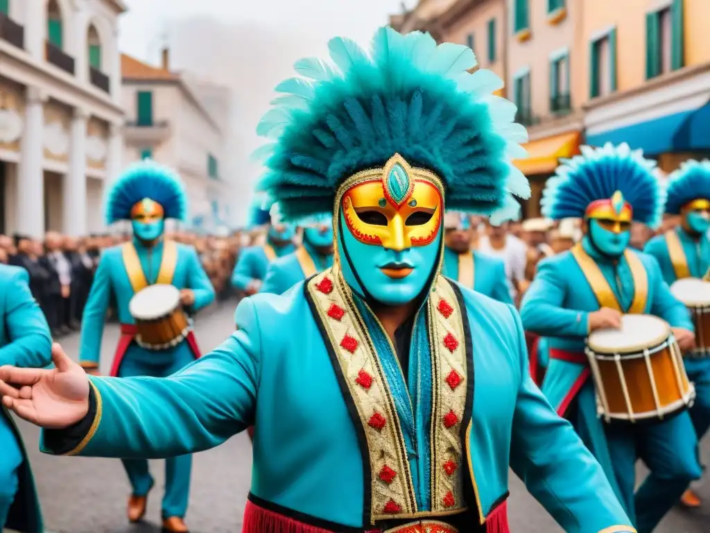Desfile vibrante del Carnaval Uruguayo: coloridas máscaras y ritmo festivo Desfile vibrante del Carnaval Uruguayo con máscaras coloridas, trajes intrincados y tambores, riqueza cultural Carnaval Uruguayo