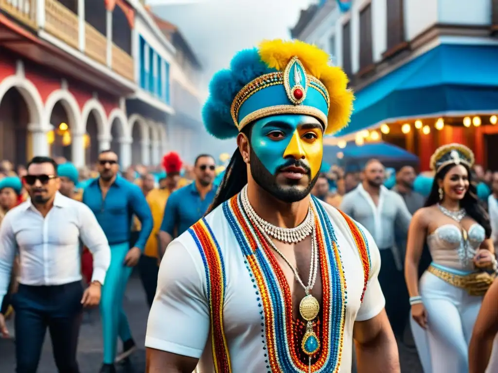 Vibrante Carnaval Uruguayo: Baile, Música y Colorido Desfile vibrante del Carnaval Uruguayo con bailarines y músicos, flotando confeti