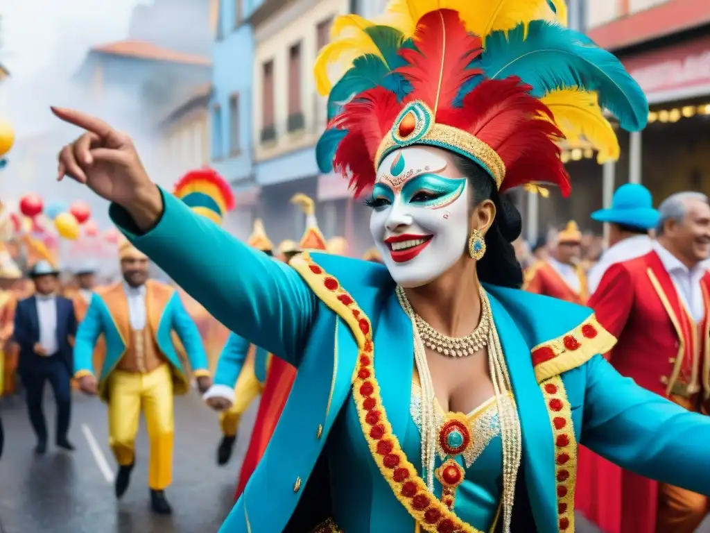 Desfile de Carnaval en Uruguay: Detalle colorido y festivo Desfile vibrante del Carnaval Uruguayo con música tradicional, confeti y merchandising oficial