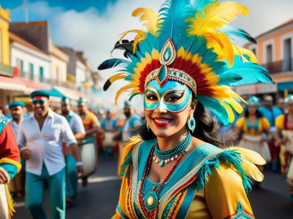 Deslumbrante Carnaval Uruguayo: Baile, color y tradición Desfile vibrante en el Carnaval Uruguayo con trajes tradicionales y plumas coloridas