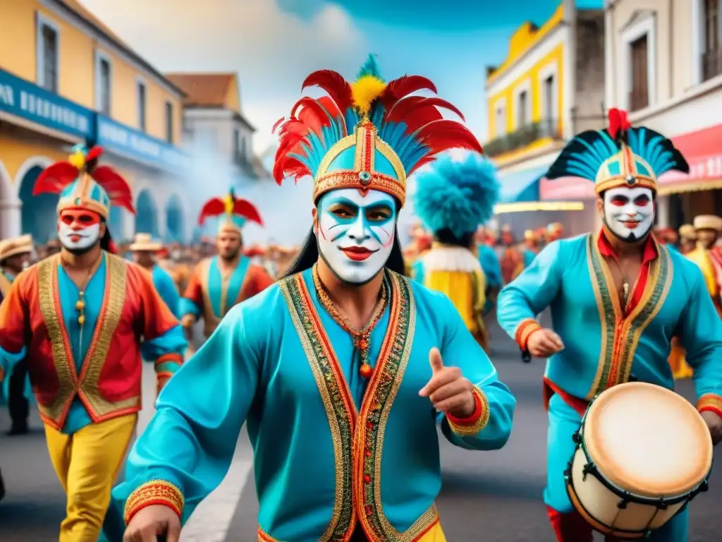 Deslumbrante desfile de Carnaval Uruguayo: tradición y color Desfile vibrante de Carnaval Uruguayo: bailarines con trajes y máscaras coloridas y tocados elaborados, en medio de una multitud festiva