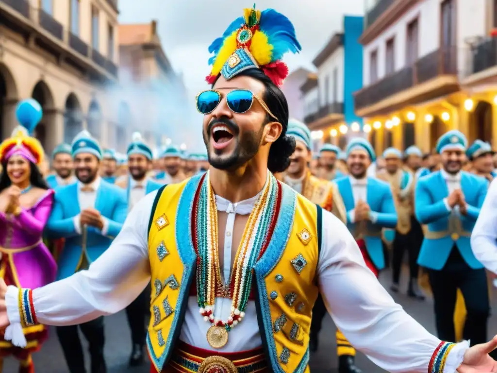 Deslumbrante Carnaval Uruguayo: Colorida celebración en acuarela Desfile vibrante en Carnaval Uruguayo con música, danzas y coloridos carros alegóricos