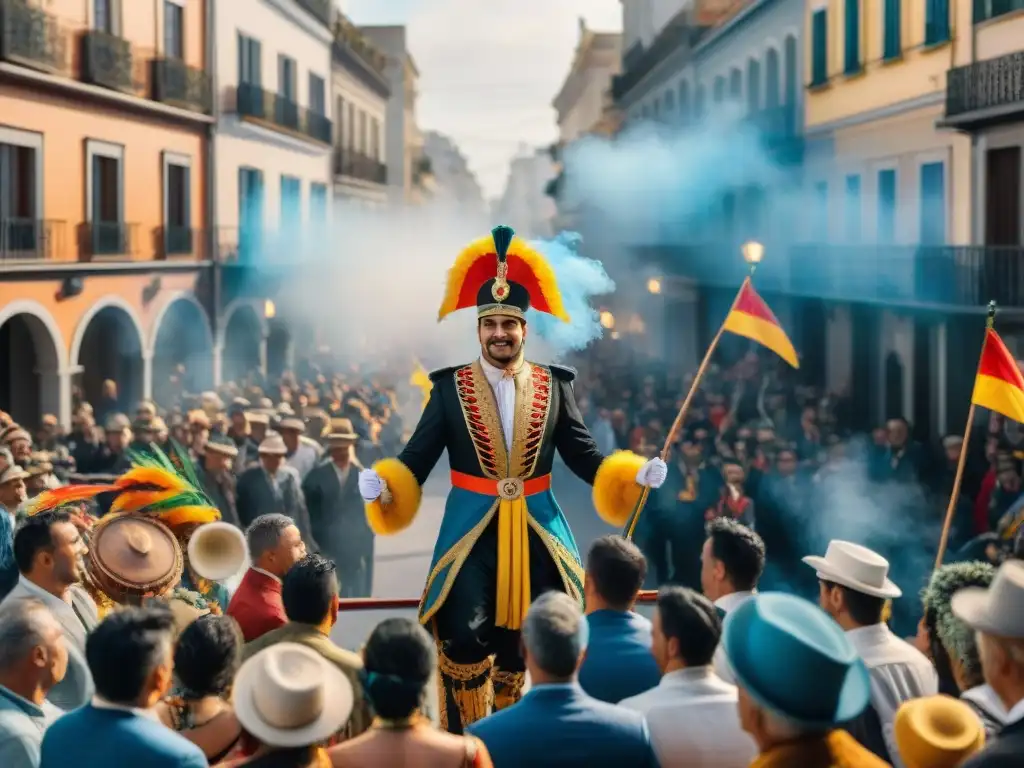 Desfile vibrante y colorido en el Carnaval Uruguayo Desfile vibrante del Carnaval Uruguayo con carrozas y bailarines en trajes extravagantes
