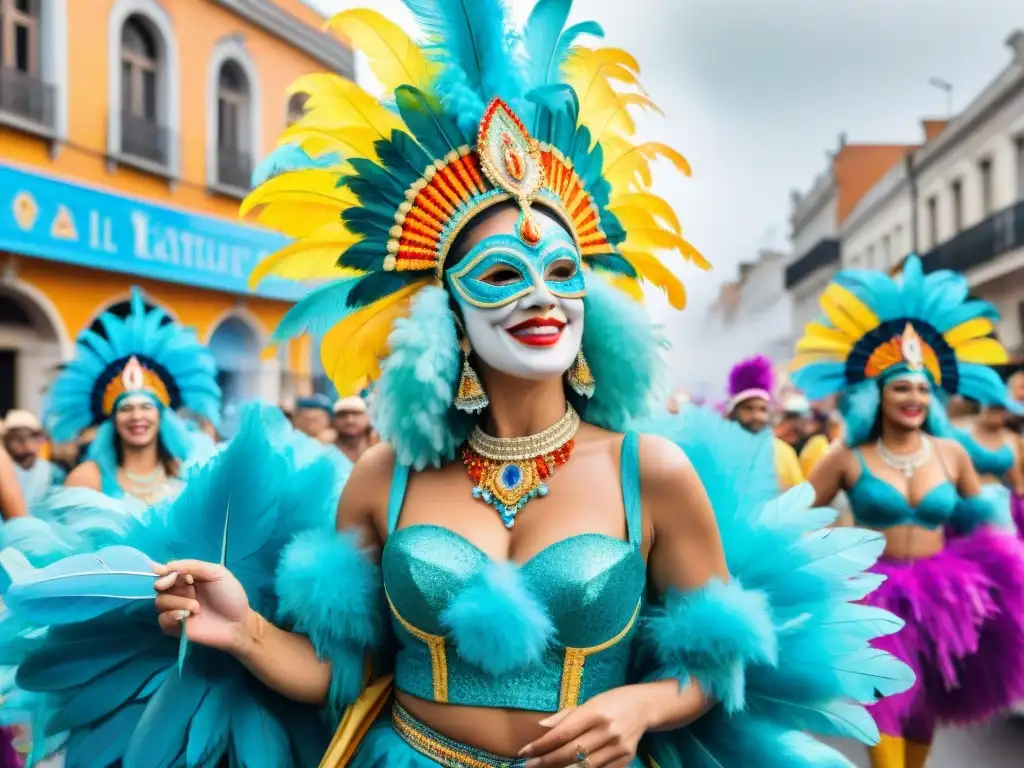 Carnaval en Uruguay: Colorida celebración con música y baile Un desfile vibrante del Carnaval Uruguayo, con trajes coloridos y música alegre