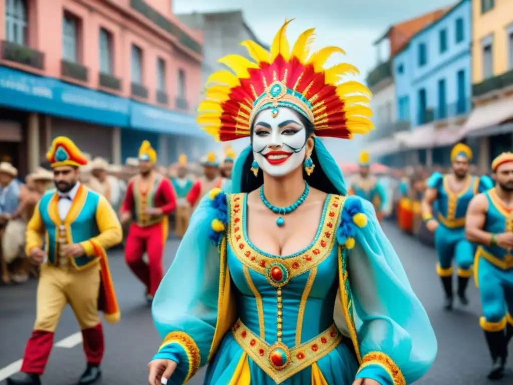 Deslumbrante Carnaval en Uruguay: colores, baile y alegría Desfile vibrante del Carnaval Uruguayo con trajes detallados y coloridos, carros alegóricos y músicos entusiastas