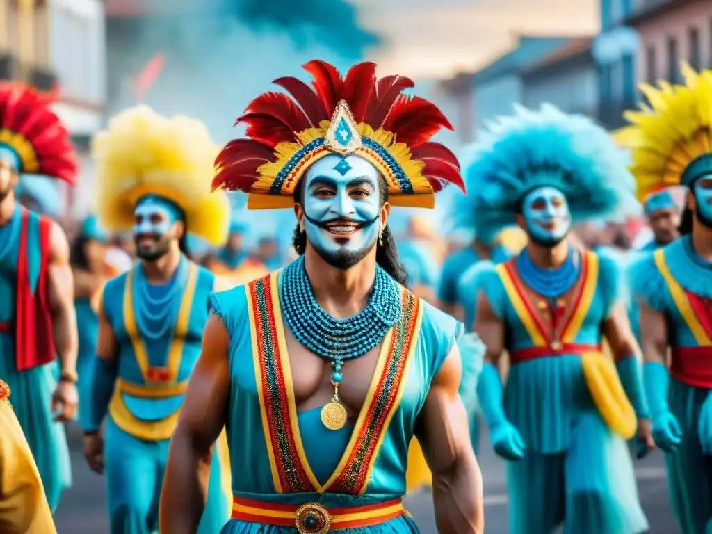 Desfile vibrante de Carnaval Uruguayo Desfile vibrante en Carnaval Uruguayo con estrategias de marketing en costumes y decoraciones coloridas, energía festiva y alegría