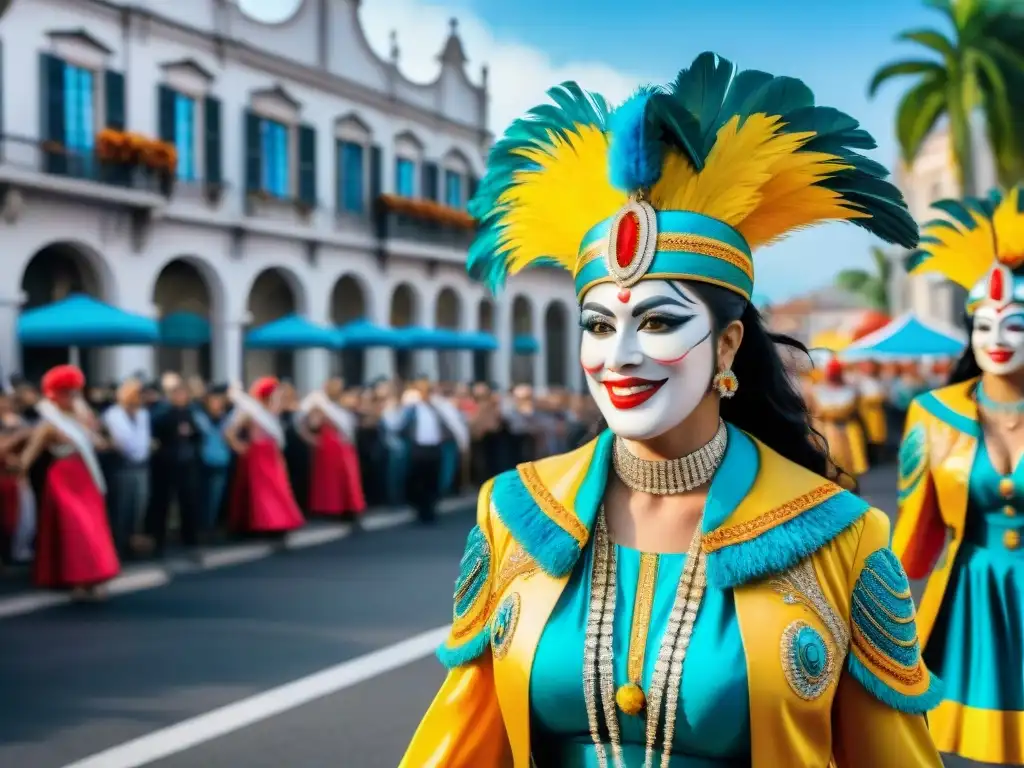 Desfile vibrante en Uruguay: Carnaval colorido y festivo Desfile vibrante en Carnaval Uruguayo con coloridos carros alegóricos, bailarines y espectadores