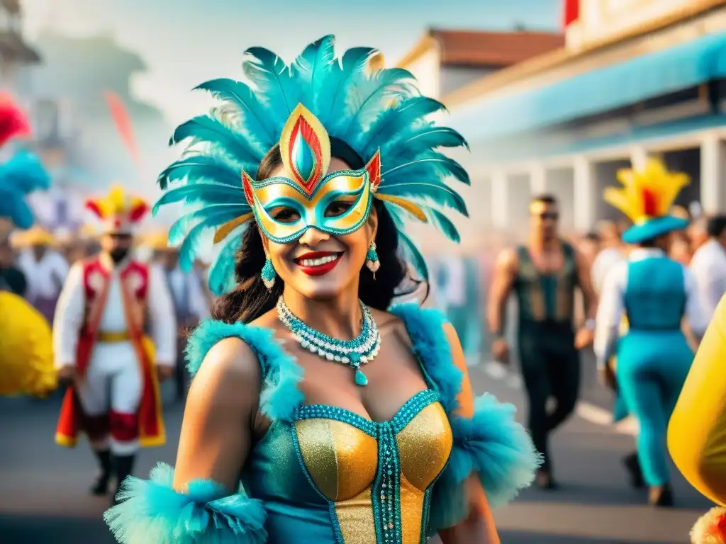¡Deslumbrante Carnaval Uruguayo: danza, color y alegría! Desfile vibrante de Carnaval Uruguayo con bailarines y carrozas