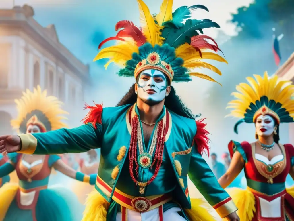 Deslumbrante desfile de Carnaval Uruguayo: flores, plumas y danza Un desfile vibrante en el Carnaval Uruguayo: flotante con adornos florales, bailarines llenos de energía y coloridos trajes