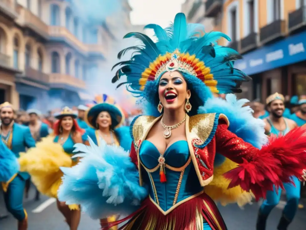 Pintura acuarela del Carnaval Uruguayo: desfile vibrante y festivo Desfile vibrante en el Carnaval Uruguayo con coloridos trajes y alegría, ideal para coberturas seguro viaje Carnaval Uruguayo