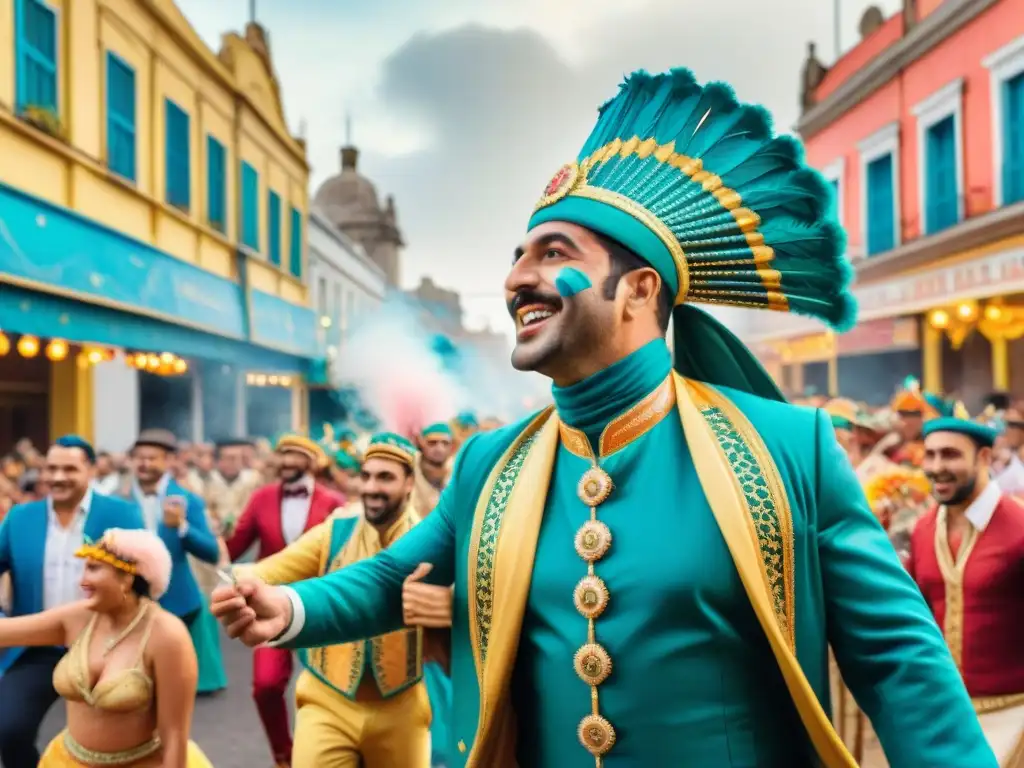 Desfile vibrante en Carnaval Uruguayo: carrozas coloridas, danzas alegres y espectadores felices