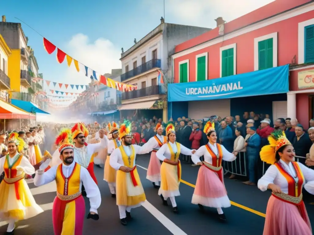 Carnaval Uruguayo: Danzas coloridas y alegría en las calles Desfile vibrante en el Carnaval Uruguayo con bailarines coloridos y espectadores felices