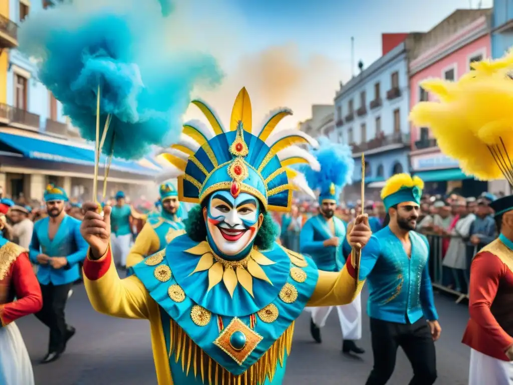 Desfile vibrante del Carnaval Uruguayo en Montevideo con carrozas y espectadores animados
