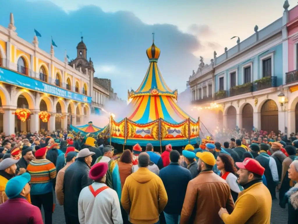 Desfile vibrante de Carnaval Uruguayo con coloridos carros alegóricos y danzantes en trajes llamativos