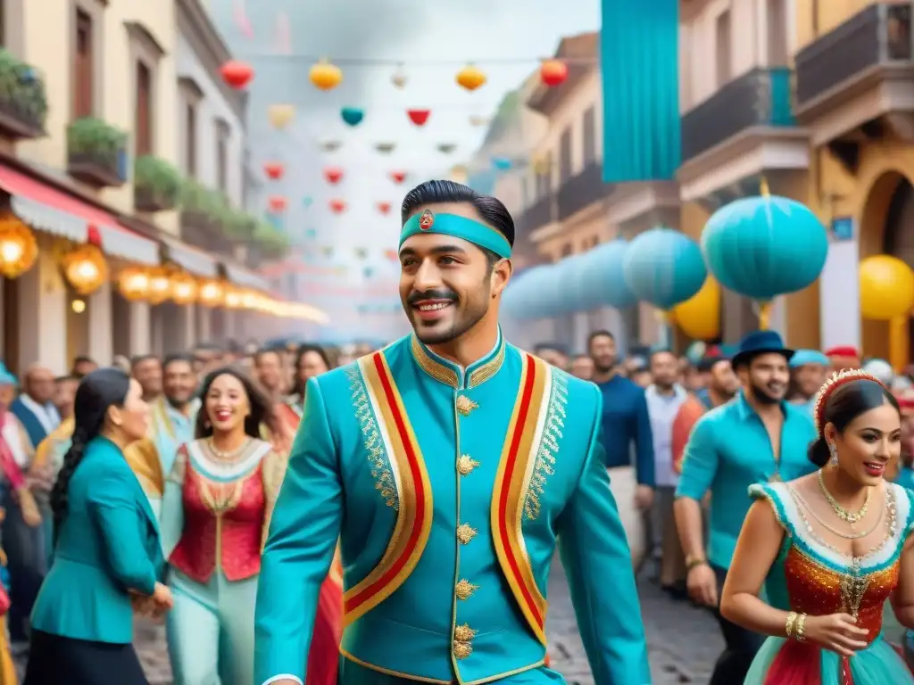 Desfile vibrante en el Carnaval Uruguayo con carrozas coloridas y danzantes en trajes elaborados