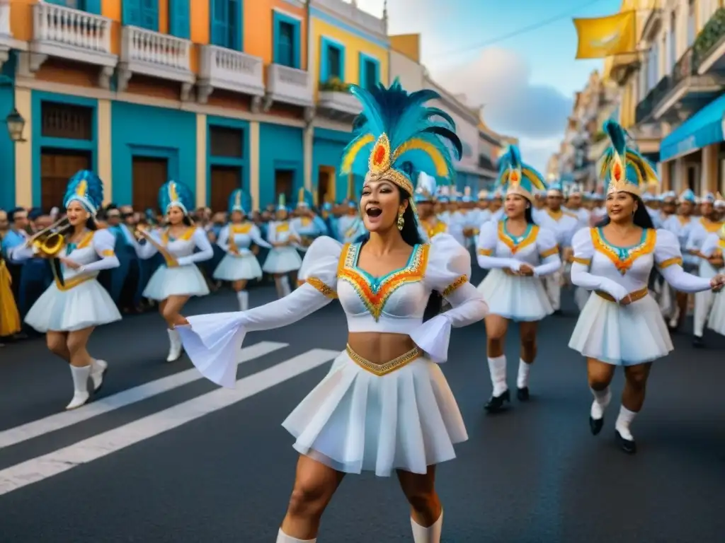 Desfile vibrante en el Carnaval Uruguayo: acuarela detallada Desfile vibrante en el Carnaval Uruguayo, con bailarines y músicos en las calles coloridas