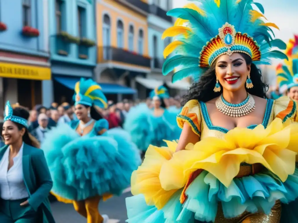 Deslumbrante Carnaval en Uruguay: colores, bailes y tradición Desfile vibrante de Carnaval Uruguayo con coloridas carrozas, trajes y bailes tradicionales