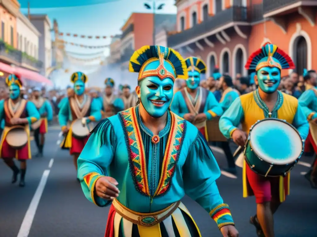 Pintura detallada del Carnaval Uruguayo: colorida celebración cultural Desfile vibrante en el Carnaval Uruguayo, con trajes tradicionales y música alegre