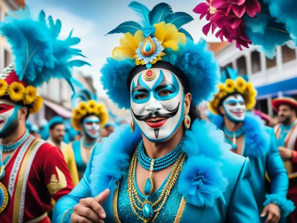 Carnaval en Uruguay: danza y colorido festivo Desfile vibrante en Carnaval Uruguayo, con músicos y bailarines en trajes coloridos