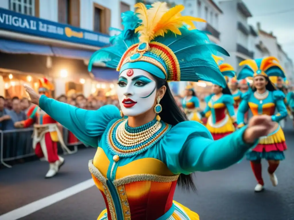 Desfile vibrante del Carnaval Uruguayo: tradición y modernidad Desfile vibrante del Carnaval Uruguayo: evolución a la era digital con trajes coloridos y tambores tradicionales