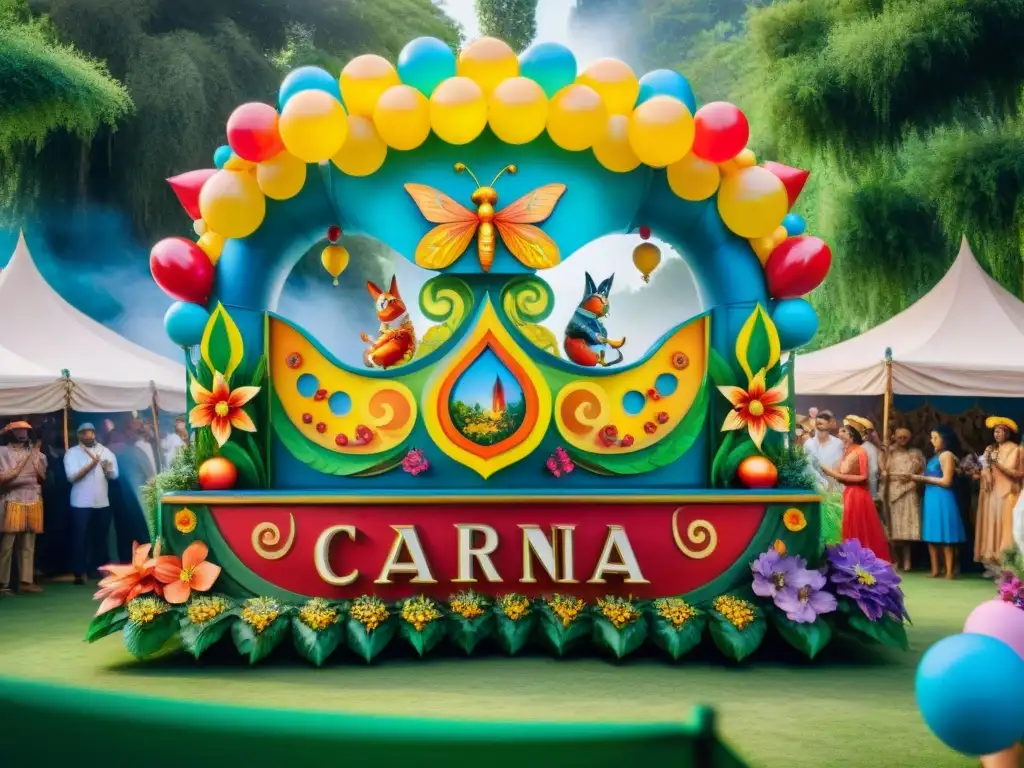 Un desfile vibrante en el Carnaval Uruguayo con carroza sostenible y decoraciones florales recicladas, rodeada de personas bailando y disfrutando