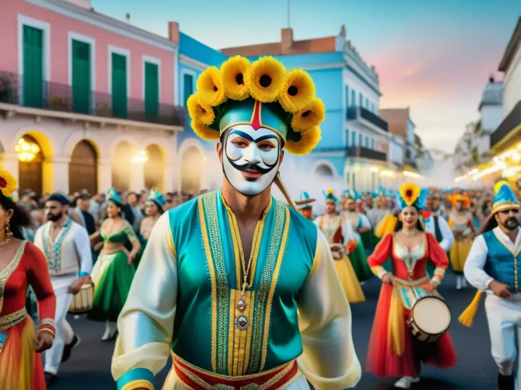 Desfile de Carnaval en Uruguay: tradición y alegría Un desfile vibrante del Carnaval Uruguayo con tradición sostenible: carrozas coloridas, música y baile en las calles